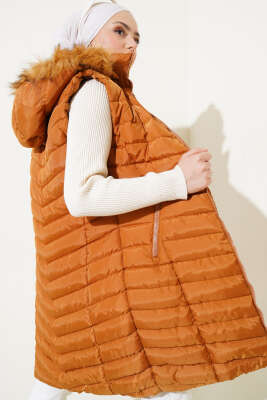 Fermuarlı Cepli Kapüşonlu Şişme Yelek Taba - Thumbnail