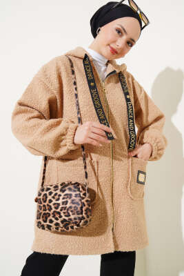 Kapüşonlu Fermuarlı Buklet Kaban Latte - Thumbnail