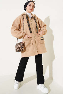 Kapüşonlu Fermuarlı Buklet Kaban Latte - Thumbnail