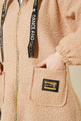 Kapüşonlu Fermuarlı Buklet Kaban Latte - Thumbnail