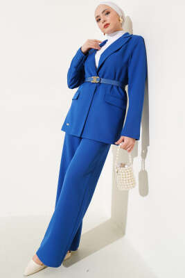 Pazarium - Kruvaze Yaka Kemerli Ceket İkili Takım Parlement