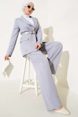 Pazarium - Kruvaze Yaka Kemerli Ceket İkili Takım Gri