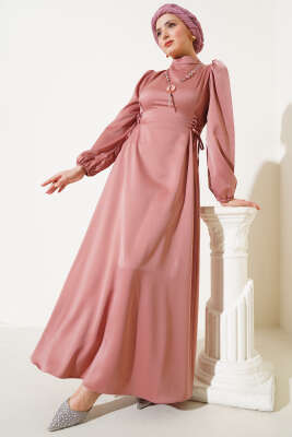 Pazarium - Yanları İp Bağcıklı Saten Elbise Gül Kurusu