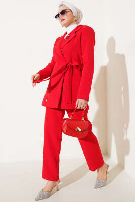 Pazarium - Yanı Bağlamalı Ceketli İkili Takım Kırmızı