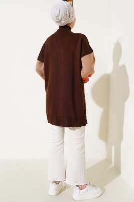 Kolları Desenli Balıkçı Yaka Triko Tunik Kahve Ekru - Thumbnail