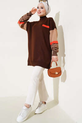 Kolları Desenli Balıkçı Yaka Triko Tunik Kahve Ekru - Thumbnail