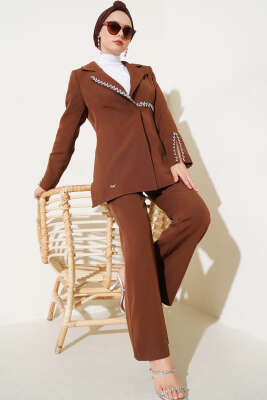 Taşlı Ceketli İkili Takım Kahve - Thumbnail