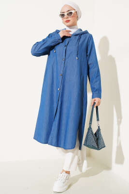 Metal Düğmeli Kapüşonlu Kot Kap Kot - Thumbnail