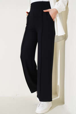 Pazarium - Geniş Bel Lastikli Çımalı Pantolon Siyah