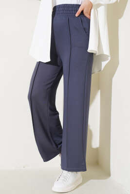 Pazarium - Geniş Bel Lastikli Çımalı Pantolon Füme