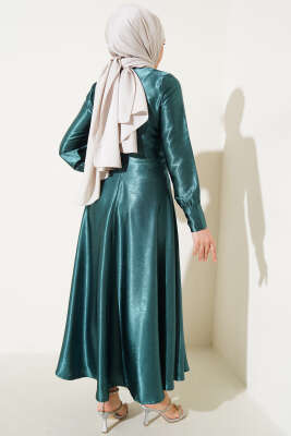 Yan Bağlamalı Jakar Elbise Zümrüt - Thumbnail