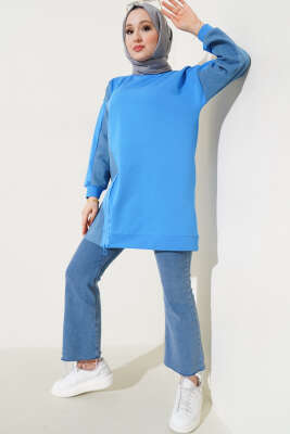 Kot Detaylı Fermuarlı Tunik İndigo - Thumbnail