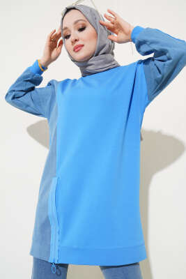 Kot Detaylı Fermuarlı Tunik İndigo - Thumbnail