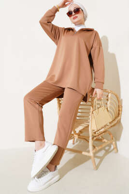 Yakası Yarım Fermuarlı Scuba İkili Takım Latte - Thumbnail