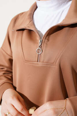 Yakası Yarım Fermuarlı Scuba İkili Takım Latte - Thumbnail