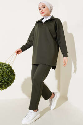 Yakası Yarım Fermuarlı Scuba İkili Takım Haki - Thumbnail