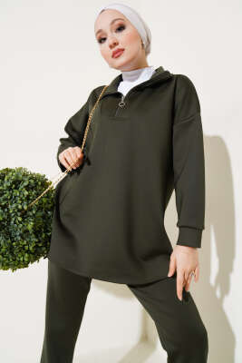 Yakası Yarım Fermuarlı Scuba İkili Takım Haki - Thumbnail