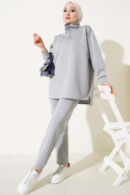 Yakası Yarım Fermuarlı Scuba İkili Takım Gri - Thumbnail