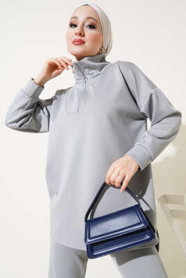 Yakası Yarım Fermuarlı Scuba İkili Takım Gri - Thumbnail