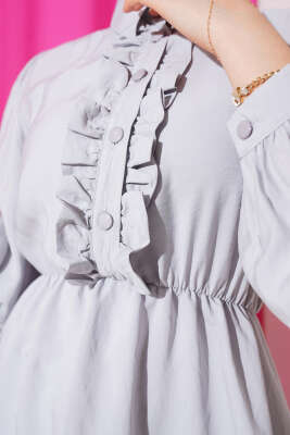 Fırfırlı Yarı Patlı Elbise Gri - Thumbnail