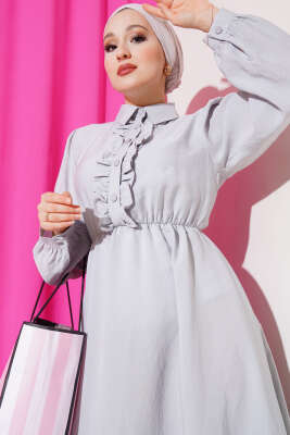 Fırfırlı Yarı Patlı Elbise Gri - Thumbnail