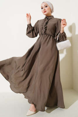 Fırfırlı Yarı Patlı Elbise Haki - Thumbnail