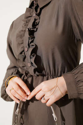 Fırfırlı Yarı Patlı Elbise Haki - Thumbnail