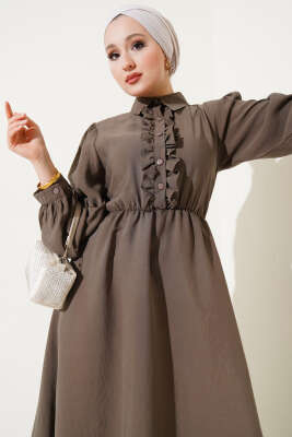 Fırfırlı Yarı Patlı Elbise Haki - Thumbnail