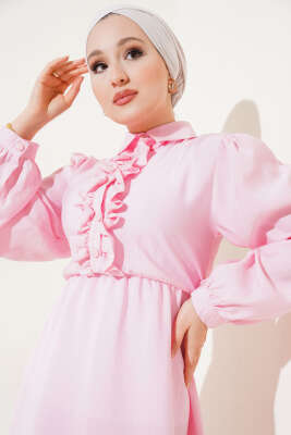 Fırfırlı Yarı Patlı Elbise Pembe - Thumbnail