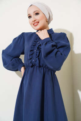 Fırfırlı Yarı Patlı Elbise Lacivert - Thumbnail