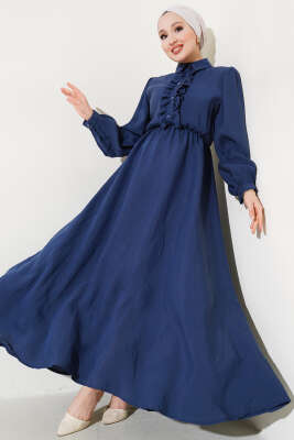 Fırfırlı Yarı Patlı Elbise Lacivert - Thumbnail