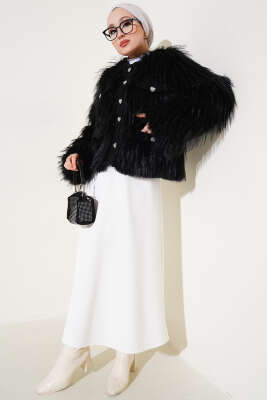 Garnili Kısa Kürk Ceket Siyah - Thumbnail