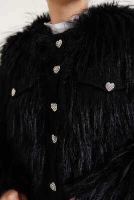 Garnili Kısa Kürk Ceket Siyah - Thumbnail