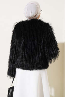 Garnili Kısa Kürk Ceket Siyah - Thumbnail