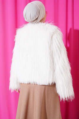 Garnili Kısa Kürk Ceket Beyaz - Thumbnail