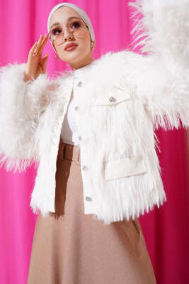 Garnili Kısa Kürk Ceket Beyaz - Thumbnail