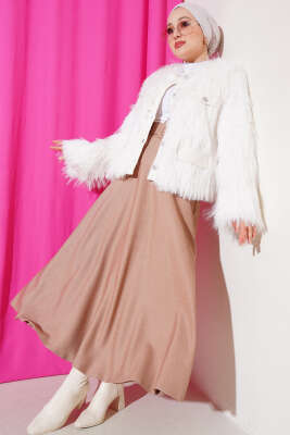 Garnili Kısa Kürk Ceket Beyaz - Thumbnail