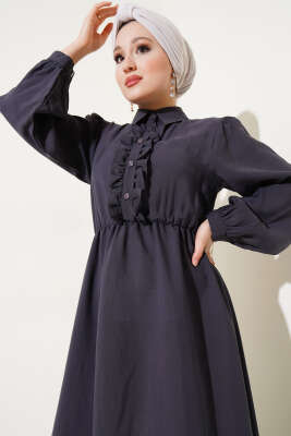 Fırfırlı Yarı Patlı Elbise Füme - Thumbnail