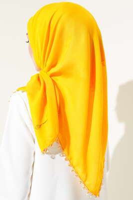 Kenarları Boncuk İşlemeli Yazma Hardal - Thumbnail