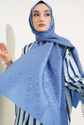 Pazarium - Geometrik Motifli Jakar Şal İndigo