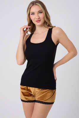 Pazarium - Kadife Şortlu Pijama Takımı Siyah Hardal