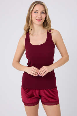 Pazarium - Kadife Şortlu Pijama Takımı Bordo