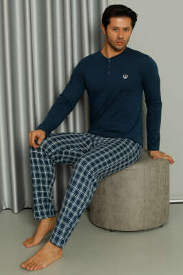 Pazarium - Uzun Kollu Düğmeli Ekoseli Erkek Pijama Takım İndigo