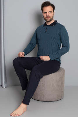 Pazarium - Gömlek Yaka Uzun Kol Erkek Pijama Takım Petrol