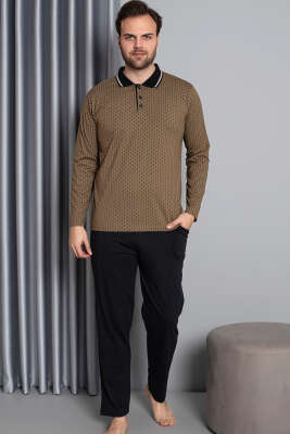 Gömlek Yaka Uzun Kol Erkek Pijama Takım Camel - Thumbnail