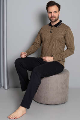 Gömlek Yaka Uzun Kol Erkek Pijama Takım Camel - Thumbnail