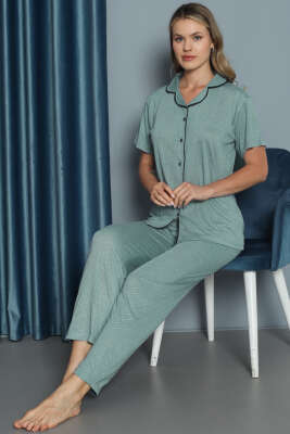 Pazarium - Mini Puantiyeli Kısa Kol Pijama Takımı Mint