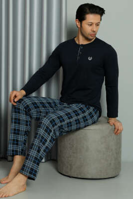 Düğmeli Ekoseli Uzun Kol Erkek Pijama Takım Lacivert - Thumbnail