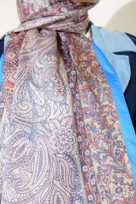 Floral Desen İpeksi Şal Mavi - Thumbnail