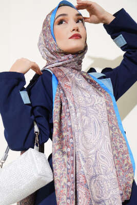 Floral Desen İpeksi Şal Mavi - Thumbnail